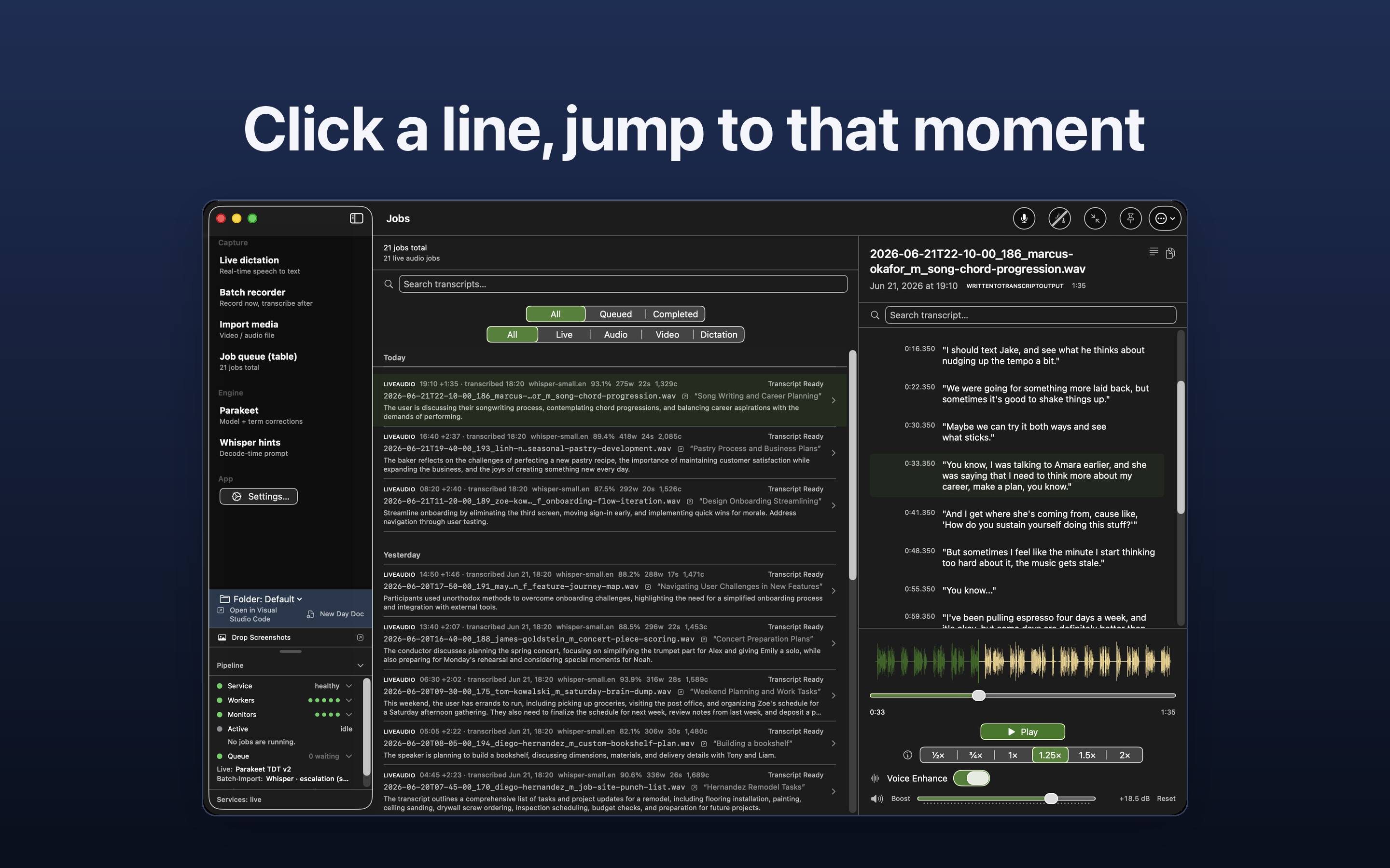 A finished transcript open in SpeakWith: timestamped lines beside an audio player, ready to click a line and jump to that point in the recording.