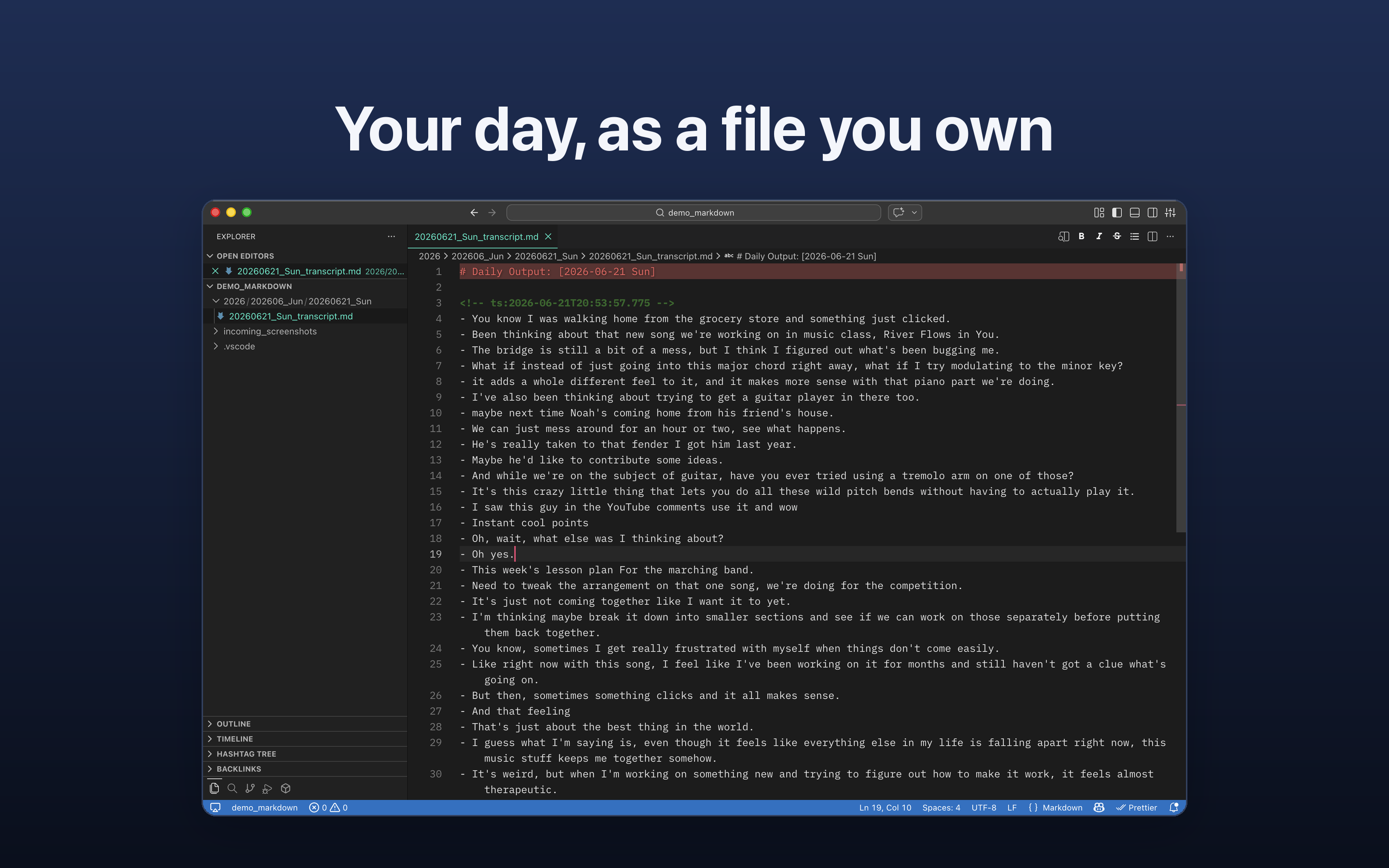 The day's dictation as a markdown file open in VS Code: a dated daily document of transcribed notes.