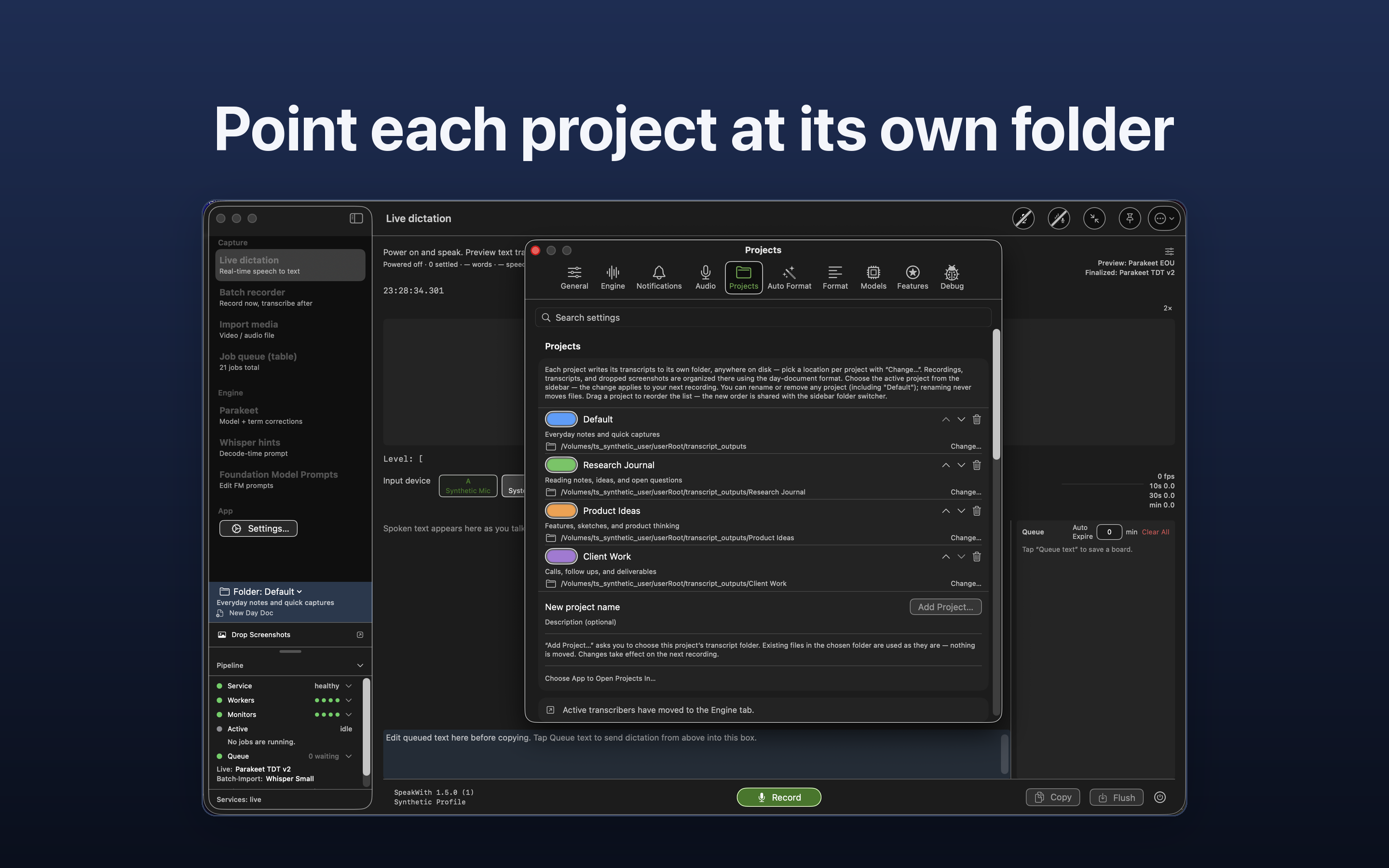 SpeakWith Settings showing several named projects, each with its own transcript folder and color.