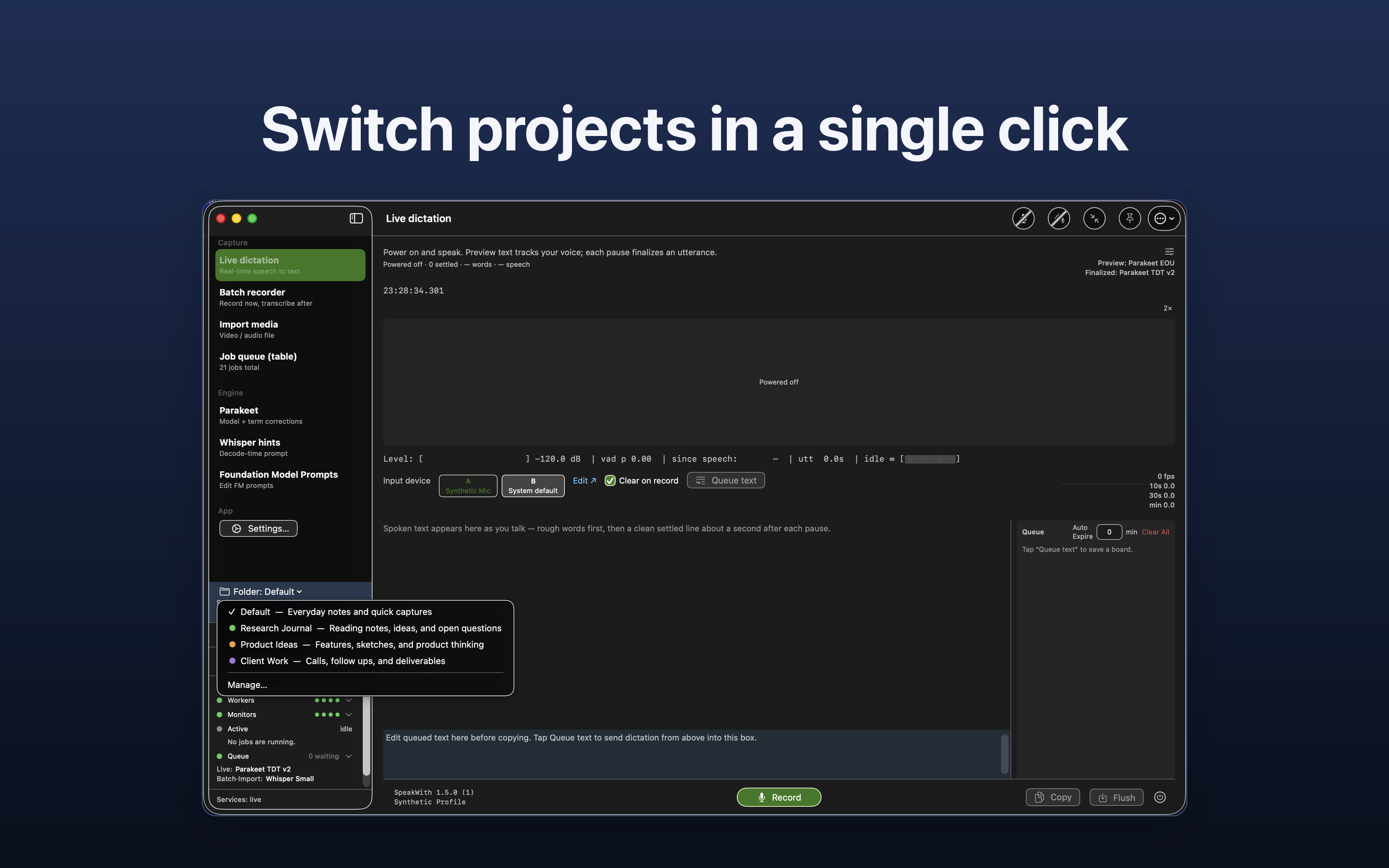 The project switcher menu open, listing projects with the active one checked and color tinted.