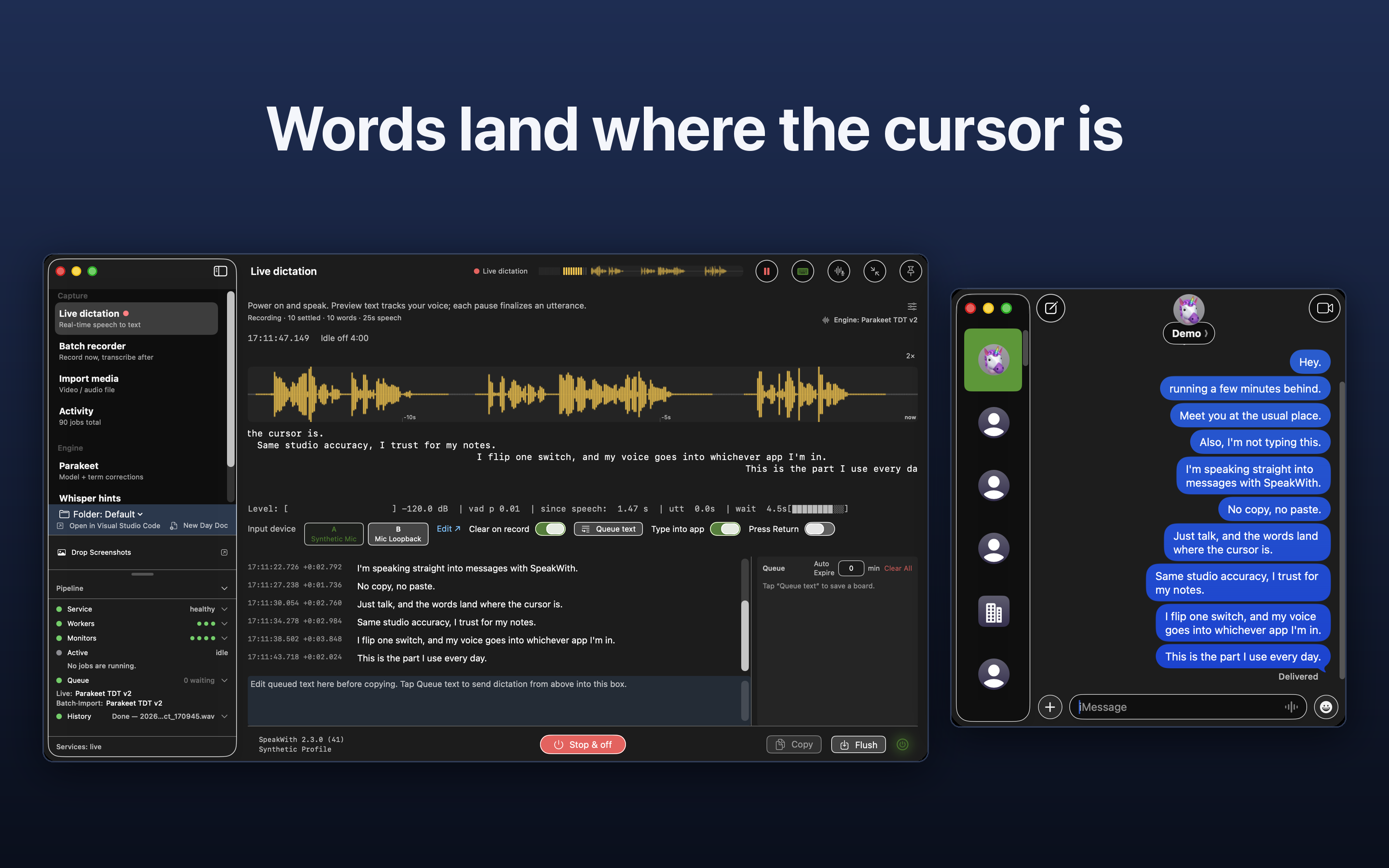 SpeakWith live dictation beside macOS Messages: the typing switch is on, and the same spoken lines appear as delivered iMessage bubbles.