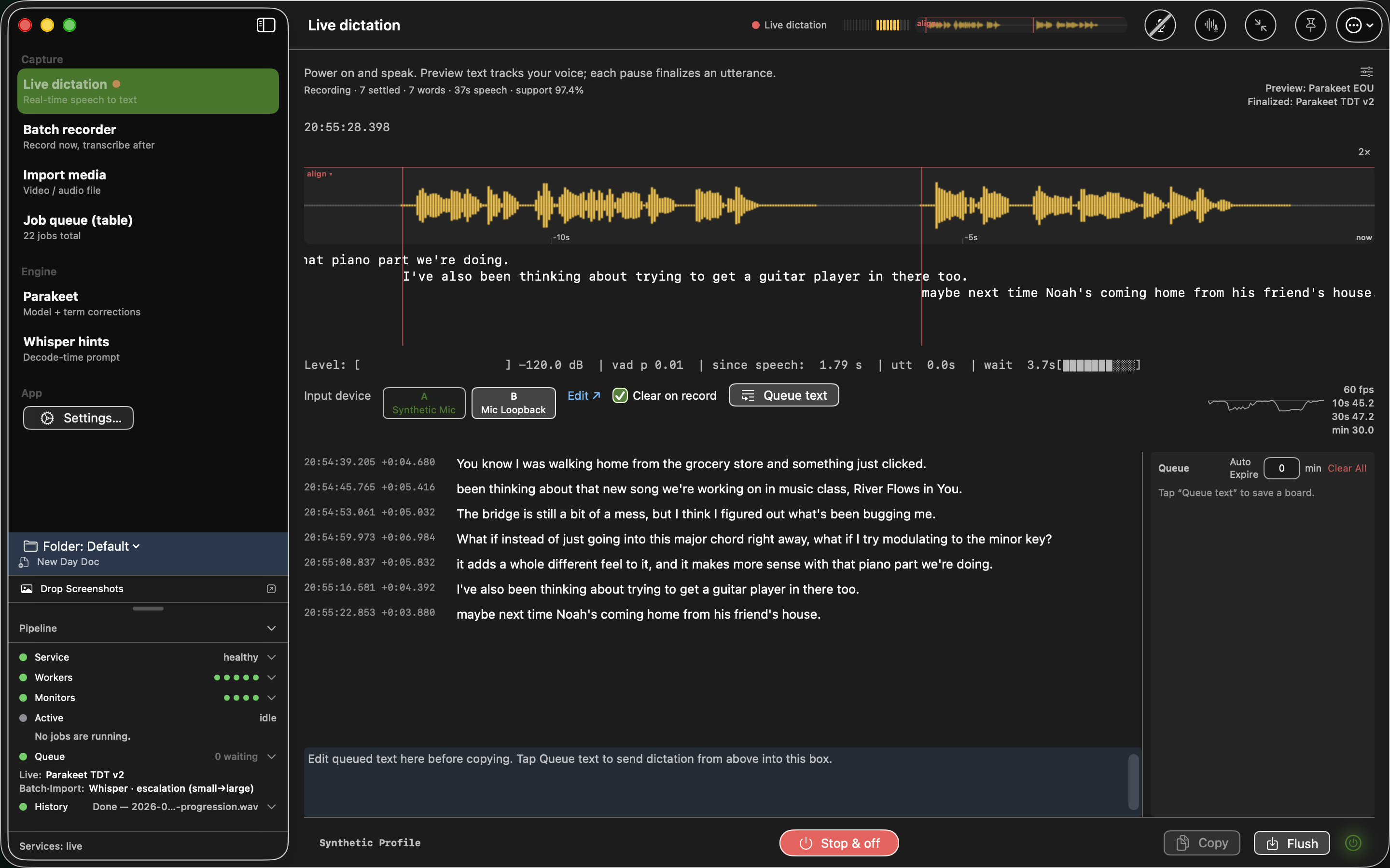 SpeakWith for Mac in live dictation: spoken words appearing as transcribed lines beneath a live waveform.